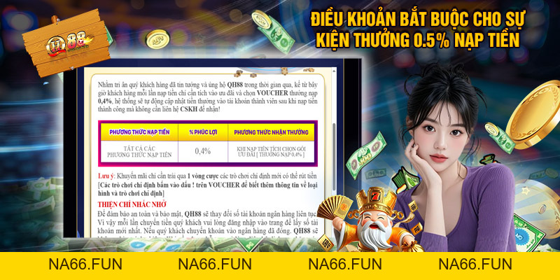 Thưởng Nạp 0.5% - Tưng Bừng Ưu Đãi Phúc Lợi Nhà Cái QH88